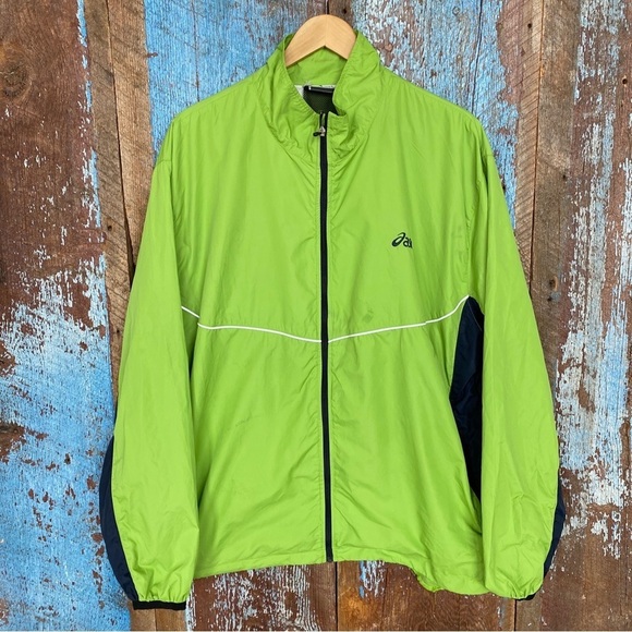 Vintage Asics Windbreaker Jacket Full Zipper Blue Green Vented 90s Large - Picture 1 of 8